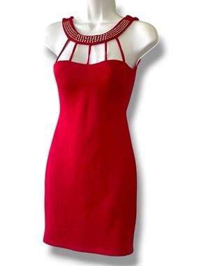 Fashion Magazine Red Bodycon Dress Rhinestone Neckline Cutout Mini Club Cocktail